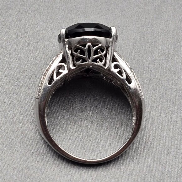 STS Sterling Silver Black Spinel Cathedral Ring Size 8 Ornate Filigree 10g - Picture 5 of 16